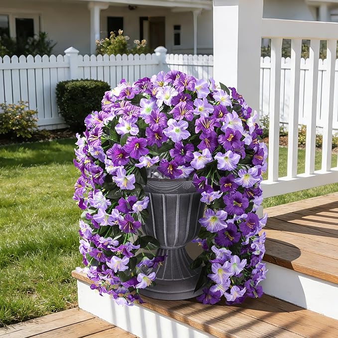 HyeFlora Artificial Flowers for Outdoors, 2pcs Faux Hanging Morning Glory Silk Fake Flowers Lifelike Artificial Plants UV Resistant Flowers for Outside Planter Patio Garden Porch Decor (Purple)