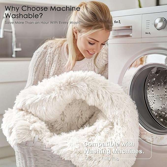 OLANLY Ivory Round Rugs for Bedroom - Machine Washable, 7 ft Circle Area Rugs for Living Room, Soft and Fluffy Shaggy Carpet for Teen Girls and Boys, Nursery Rooms, Dorms, Home Decor Aesthetic