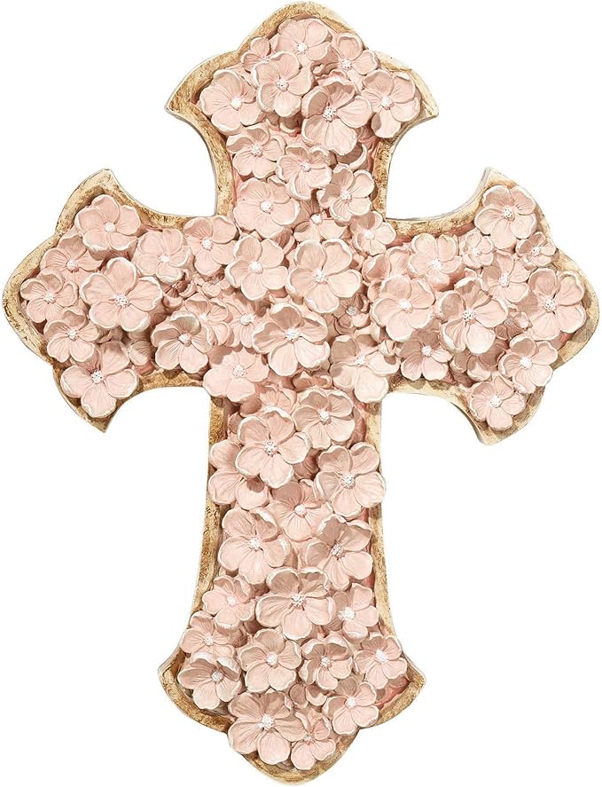 Dicksons Raised Flower Blossom Pastel Coral Pink 12 x 9 Resin Stone Hanging Wall Cross