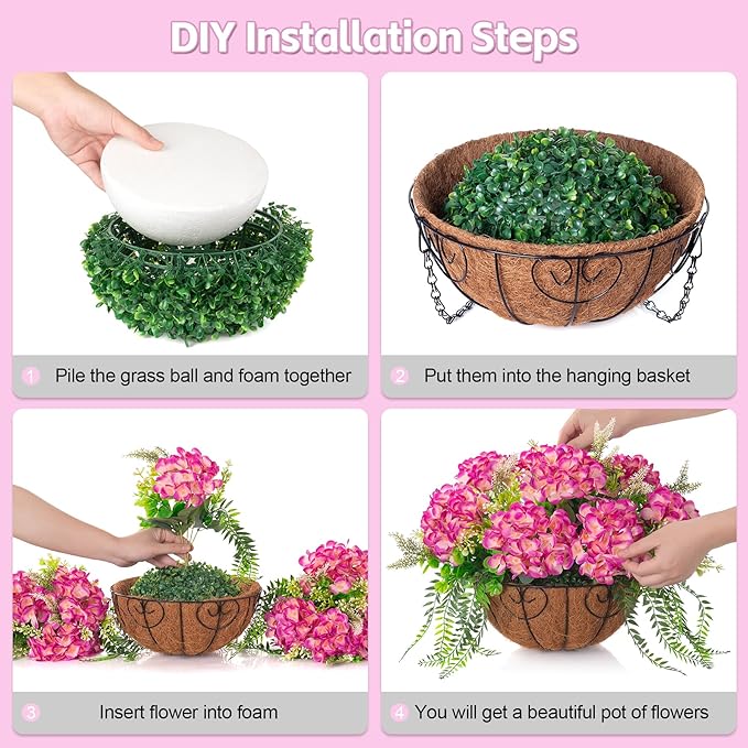 Artificial Hydrangea Flowers with Hanging Basket Planter for Spring Decoration, Fake Silk Flowers Outdoor Arrangements, Faux Hanging Plants for Garden Balcony Outside Decor (Fuchsia)