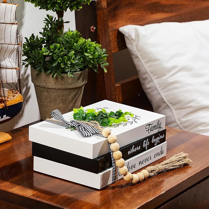 Capoda 3 Pcs Decorative Books for Home Decor Farmhouse Faux Stacked Books Wooden Rustic Table Decor with Bead Garland Twine Ribbon Faux Leaf for Table(Love)