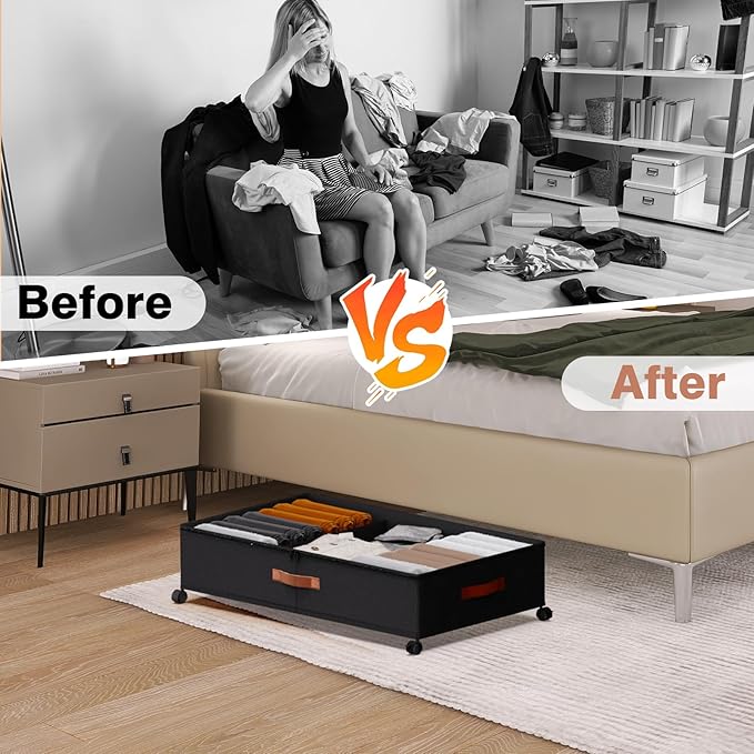 Under Bed Storage with Wheels - Rolling Underbed Containers with PVC Clear Lid & Dividers, 600D Oxford Fabric, PU Leather Handles, Adjustable Magic Tape Partition, XXL 66L (2, Black)