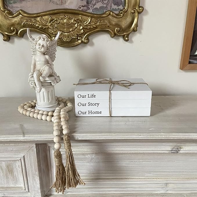Decorative Books for Home Decor, White Faux Books for Decoration, Rustic Farmhouse Stacked Display Books (Our Life Our Story Our Home)