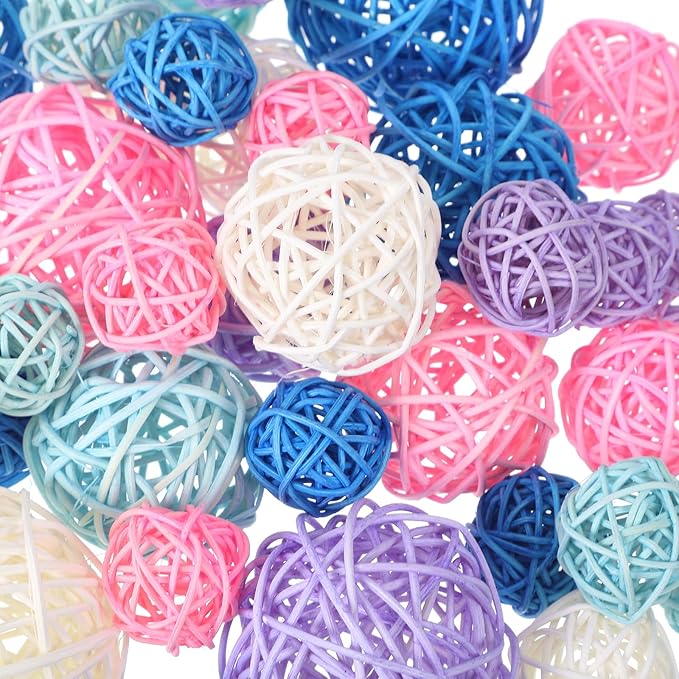 Patelai 36 Pcs Wicker Rattan Balls Decorative Balls for Vase Centerpiece Bowls Orbs Filler for Home Decor,4 Sizes(White, Pink, Green, Grey, Blue,2.4'',2'',1.6'',1.2'')