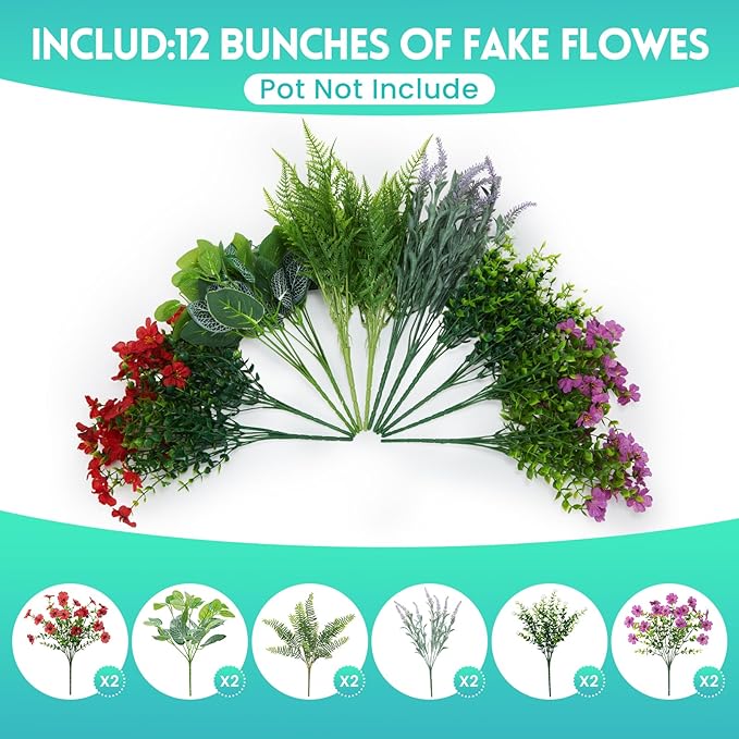 Fake Artificial Flowers for Outdoors Faux Plants Outside Indoor,Realistic UV Resistant Silk Flower for Home Patio Garden Back Yard Front Poch Decor Spring Summer(12 Bunches)