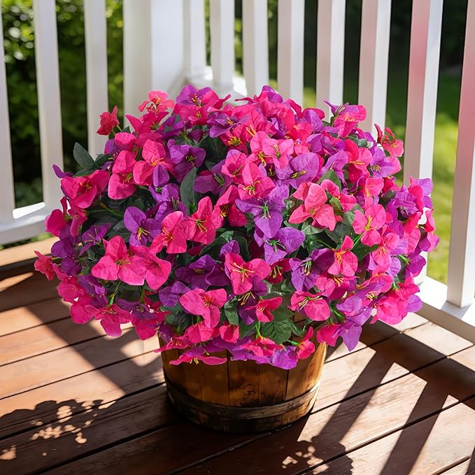 Faux Bougainvillea Artificial Flowers Plants for Outdoors Spring Decor, 4 Bundles Realistic Bougainvillea UV Resistant Faux Flowers for Outdoor Planters Porch Patio Window Garden Home, Fuchsia
