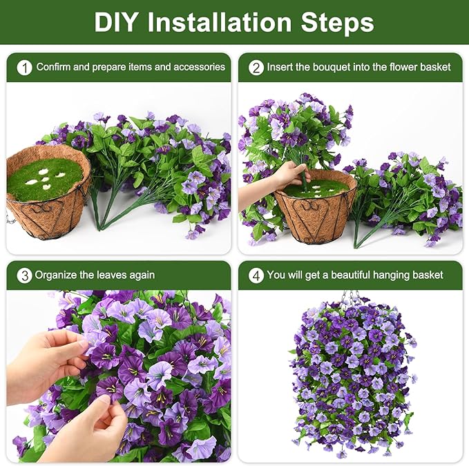 Homsunny Artificial Fake Hanging Flowers Plants Baskets for Outdoor Spring Summer Decorations,Faux Morning Glory Silk Flower for Outside UV Resistant Patio Yard Home Porch Decor(Purple)