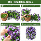 Homsunny Artificial Fake Hanging Flowers Plants Baskets for Outdoor Spring Summer Decorations,Faux Morning Glory Silk Flower for Outside UV Resistant Patio Yard Home Porch Decor(Purple)