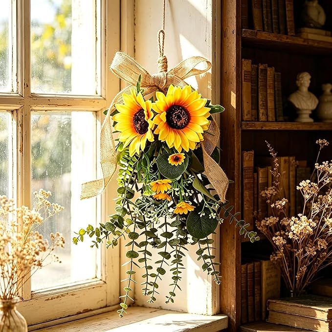 Generic 24 in Sunflower Swag, Artificial Floral Garland with Burlap Bow, Rustic Door Swag for Front Door Outside, Summer Sunflower Wreath Decor for Home Window Farmhouse. (2Pcs)