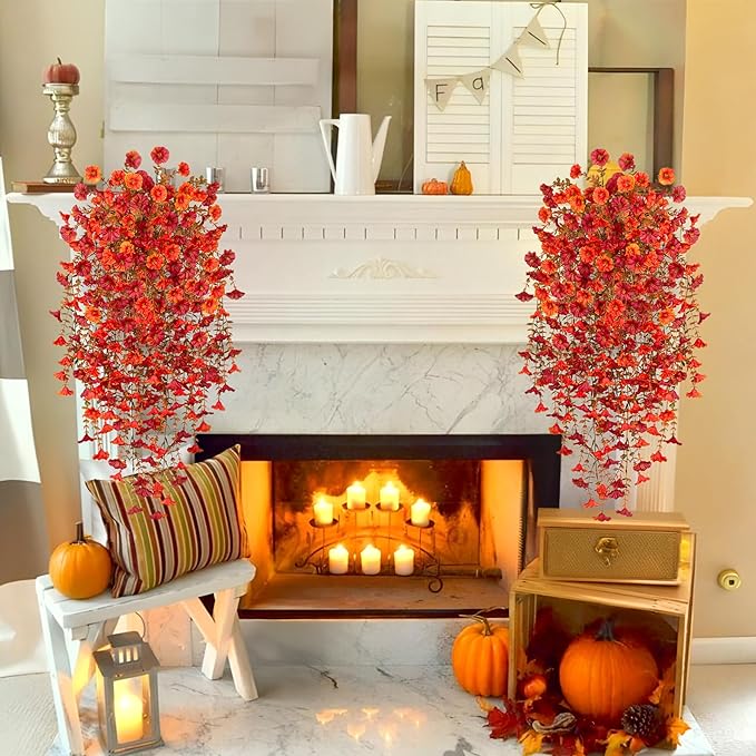 Artificial Fall Hanging Flowers for Decoration, 2pcs Long Vine Fake Flowers Plants Morning Glory, Realistic Faux Petunias for Planter Patio Porch Garden Autumn Outdoors Dec, Orange Red