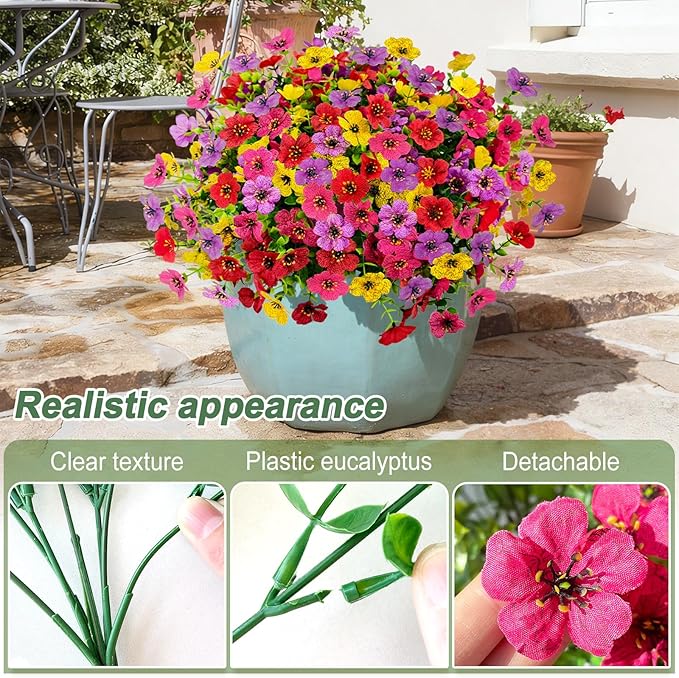 Artificial Flowers for Outdoors, 16 PCS UV Resistant Faux Plants with Fabric Flowers, Colorful Realistic Fake Flowers for Front Porch Garden Patio Balcony Planter Spring Summer Outside Decor