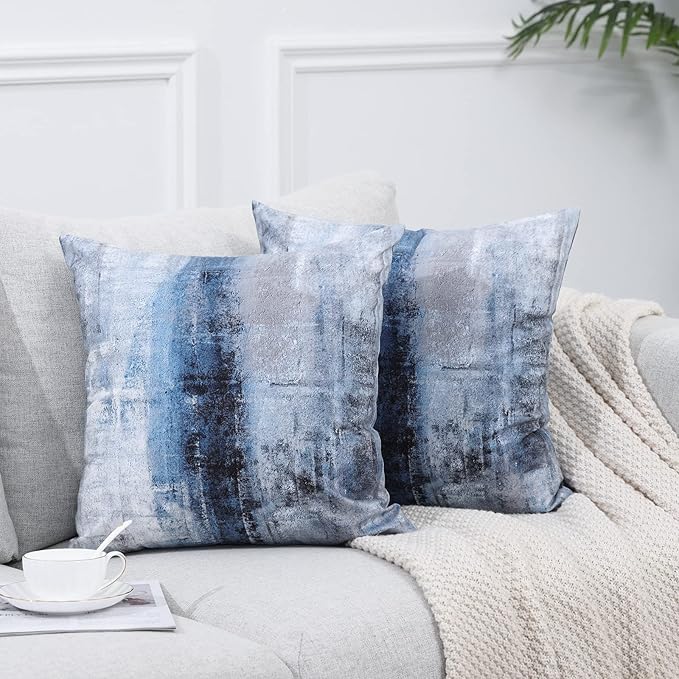Blue and Grey Abstract Art Artwork Pillow Cover, Gallery Modern Decorative Throw Pillows Cushion Cover for Bedroom Sofa Living Room 18 x 18 Inch Set of 2