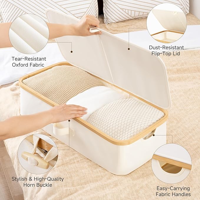 StorageWorks Underbed Storage Box with Bamboo Frame, 42L Flip-Top Under Bed Container for Blankets, Bed Sheets, Coverlets and Towels, Beige