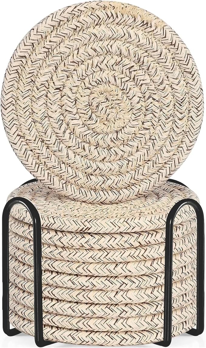 ABenkle Drink Coasters with Holder Set of 10, Cotton Woven Absorbent Coasters for Drinks, Minimalist Home Decor Coaster Set for Wooden Tabletop Protection Table, 4.3 inches