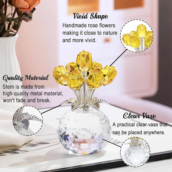 Arikyrist Crystal Yellow Rose Bouquet Figurine with Round Vase Gifts for Her, Glass Rose Flower Romantic Keepsakes for Women Mom on Christmas, Collectible Decoration Table Centerpiece for Home