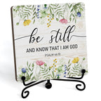 Inspirational Christian Desk Decor, Be Still And Know That I Am God Wildflower Sign, Desk Decorations For Office Home Living Room Bathroom, Eucalyptus Shelf Decor, Wooden Plaque With Stand (08)