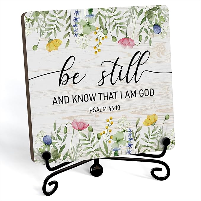 Inspirational Christian Desk Decor, Be Still And Know That I Am God Wildflower Sign, Desk Decorations For Office Home Living Room Bathroom, Eucalyptus Shelf Decor, Wooden Plaque With Stand (08)