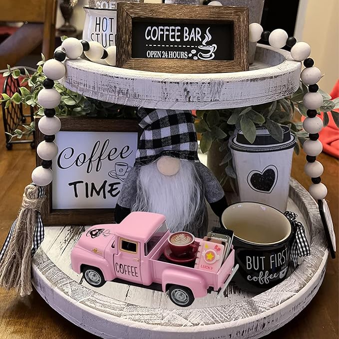 Coffee Bar Decor Vintage Mini Metal Pickup Truck Decor with Book Accessories for Coffee Station, Farmhouse Tiered Tray Tabletop Decorations for Home Kitchen, Office, Cafe