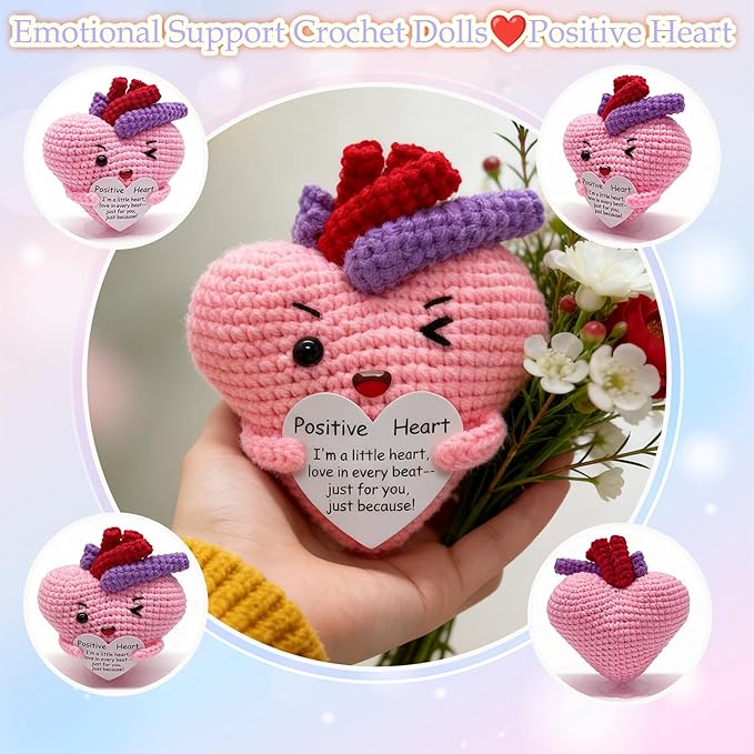 Emotional Support Positive Crochet Heart Handmade Gift and Desk Decor, Encouragement Present for Women Mother's Day Birthday Valentine's Day Galentines Multiple Holidays(Positive Heart)