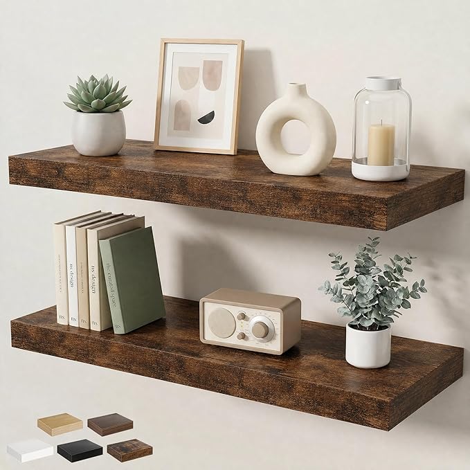 Floating Shelves for Wall 32 in x 9.3 in Deep, Wall Mounted Rustic Wood Shelf with Invisible Brackets for Storage & Display, Living Room Bedroom Bathroom, Brown, 2 Pack