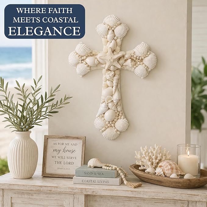 Seashell Cross Wall Decor – 12x8 Inch Handmade Religious Wall Art with Starfish, Abalone & Seashell Accents – Wall Mount Decorative Coastal Christian Cross for Wall & Room Decor by SassyXpressions