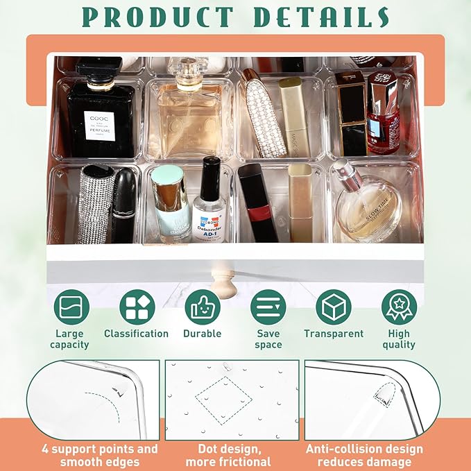 Tioncy 16 Pcs Stackable Clear Drawer Organizer Set 3" x 3" x 2" Small Makeup Vanity Storage Bins Office Desk Drawer Dividers Container Organization for Makeup Vanity Office Bathroom Kitchen Utensil