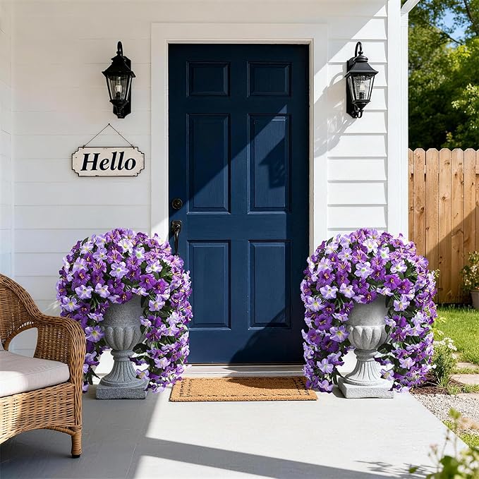 HyeFlora Artificial Flowers for Outdoors, 2pcs Faux Hanging Morning Glory Silk Fake Flowers Lifelike Artificial Plants UV Resistant Flowers for Outside Planter Patio Garden Porch Decor (Purple)