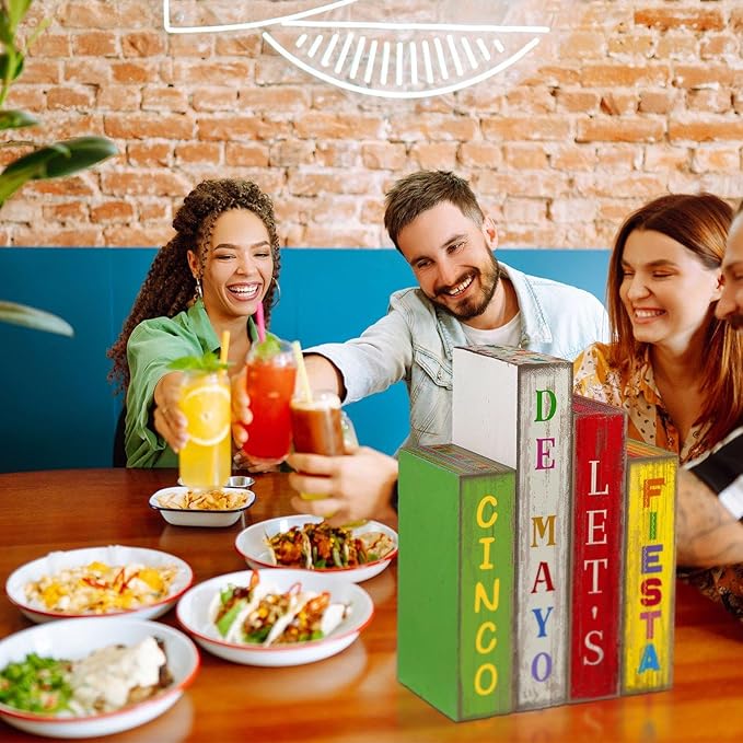 Lineshading 4 Pcs Cinco De Mayo Decor Wooden Books Stack Mexican Table Decorations Rustic Fiesta Tiered Tray Decor Sombrero Cactus Red Chili Centerpiece for Fiesta Mexican Birthday Party Decoration