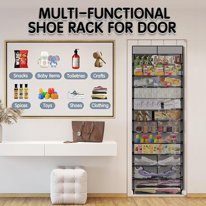 Over The Door Shoe Organizer with 12 Large Breathable Pockets - Durable Hanging Storage for the Entire Family's Shoes (Gray)