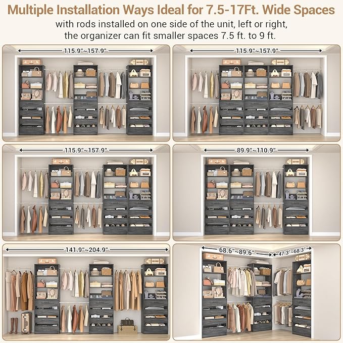 Aheaplus Closet System with 12 Drawers, 8.5-11.5Ft Wood Closet Organizer System with 4 Hang Rods & 3 Towers, 4Ft & 6Ft L-Shaped Walk-in Closets Wardrobe Organizer Clothes Rack, Set of 3, Black Oak1