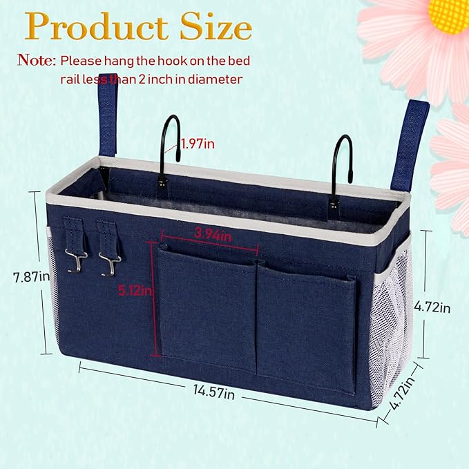 Bedside Storage Caddy/Bedside Hanging Storage Bag for Headboards Bunk Beds Dorm Rooms Book Phone Magazine Holder (Navy Blue)