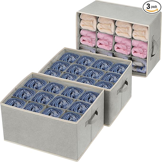 3 Pcs 12 Cell Large Size Pants Organizers for Clothes, Jeans, Sweater, T-shirt, Dress Stackable for Wardrobe Closet Drawer Organizer Storage Bin Container, Grey