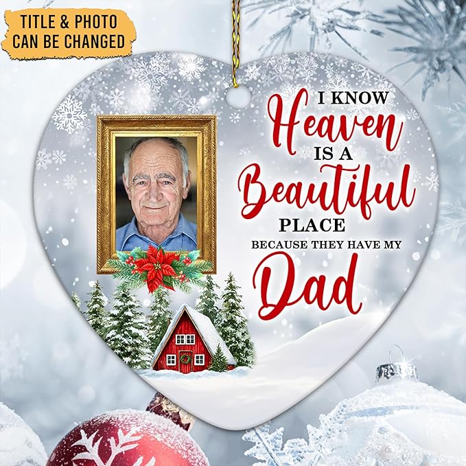 HYTURTLE Personalized Memorial Sympathy Christmas Ornament Tree Decor Gifts for Family Loss of Loved One Mom Dad in Heaven - Heaven Beautiful Custom Photo Acrylic Heart Ornament