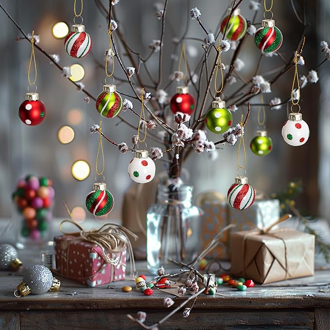 Watayo 24 Pcs Christmas Glittering Elf Balls Glass Ornaments for Tree, 1" Mini Painted Swirl Dots Elf Balls Hanging Ornaments, Christmas Red Green Ball Tree Decoration for Xmas Party Home Decor