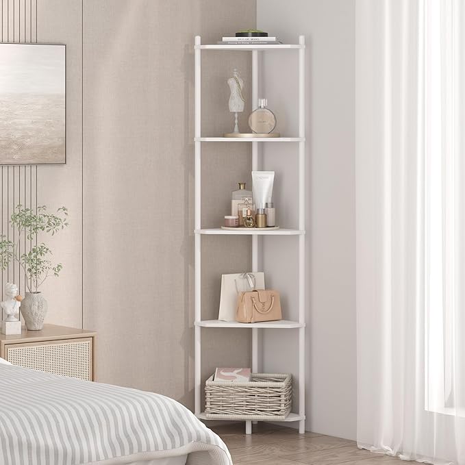 Wisuce Corner Shelf Stand - 5 Tier White Bamboo Small Corner Bookshelf for Office Kitchen Bedroom Plant Stand Living Room Decor Small Space