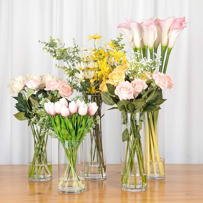 WGV Cylinder Vase Bulk, Diameter 5", Height 14", Clear Glass Floral Planter Container, Tall Centerpiece Arrangement for Wedding Party Event Home Office Decor, 12 Pieces