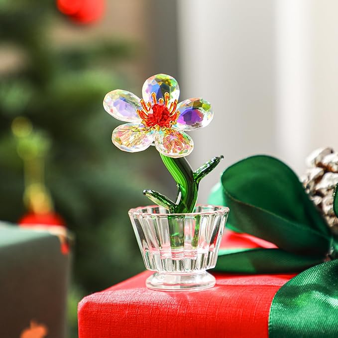 Crystal Peach Blossom Mini Ornament Figurine 2.9 * 1.5in Glass Flower Decoration for Home Office for Mom