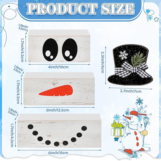Moucuny 4 Pcs Winter Table Decoration Wooden Snowman Decor Black and White Winter Tiered Tray Decor Rustic Snowman Face Wood Block Sign Gift Christmas Centerpiece Farmhouse for Wonderland Home
