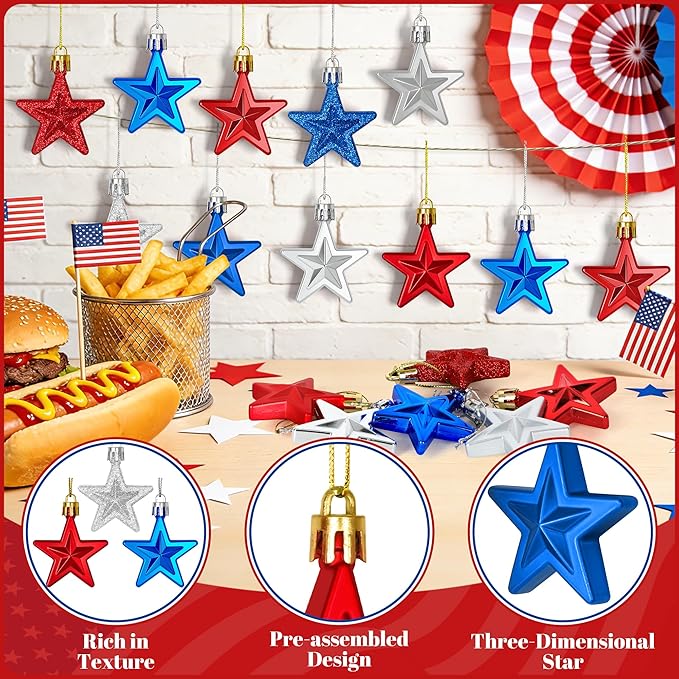 48PCS Fourth of July Decorations for Tree, America Star Ornaments, Pre-Assembled Patriotic Star Ornaments, Red Silver and Blue 250 Anniversary USA Merchandise for Independence Day Memorial Day Decor