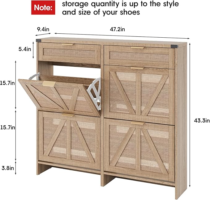 Shoe Cabinet with 4 Flip Drawers & 2 Drawers,Farmhouse Shoe Storage Cabinet for Entryway,Slim Freestanding Organizer Rack for Front Door Entrance,Rustic Oak Rattan