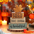 Lineshading 4 Pcs Fall Decoration for Home Wooden Maple Leaf Stacked Decor Thanksgiving Table Centerpiece Fall Tiered Tray Decor Rustic Decorative Maple Leaf Block Signs Autumn Decoration for Kitchen