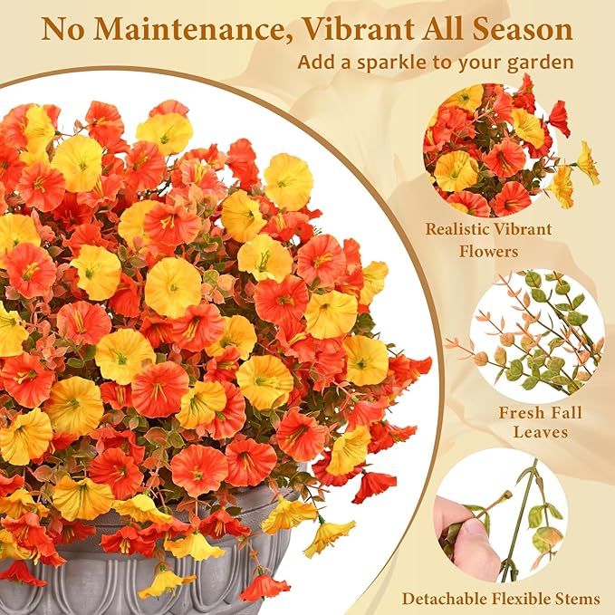 MARTINE MALL 12 Bundles Artificial Fall Mums Flowers for Outdoors, Faux Mums for Outdoor Planters, UV Resistant Fall Flowers Artificial for Outdoors Front Porch (Orange & Yellow)