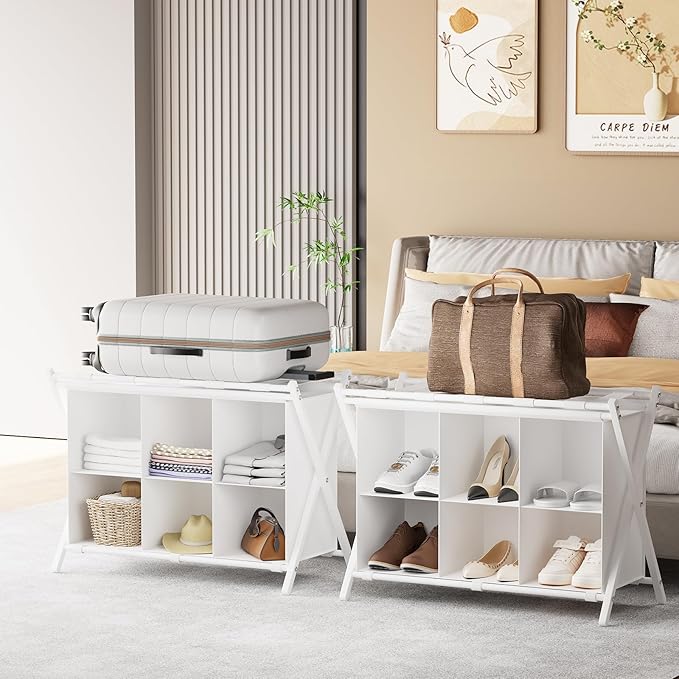 Luggage Rack for Guest Room, Folding Suitcase Stand with 6-Cube Fabric Storage Shelf, Luggage Holder, Steel Foldable Luggage Stand for Guest Room, Bedroom, Hotel, White