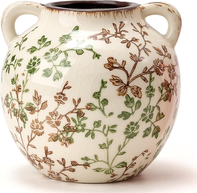 Green and Beige Antique Vase, 5.6 Inch Vintage Chinoiserie Floral Vase, Rustic Ceramic Vase for Home Decor, Living Room, Bookshelf, Office, Entryway, Garden, Chinoiserie Decor, Tuscan Decor