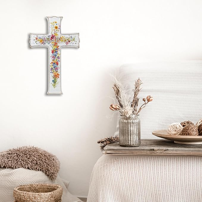 VZVCTFS White Multicolored Wildflowers Cross Wall Decor with Scripture - John 6:35 Wooden Christian Sign, Rustic Farmhouse Inspirational Gift for Home, Easter Christmas Hanging Art (6.5x10 Inch)（A07）