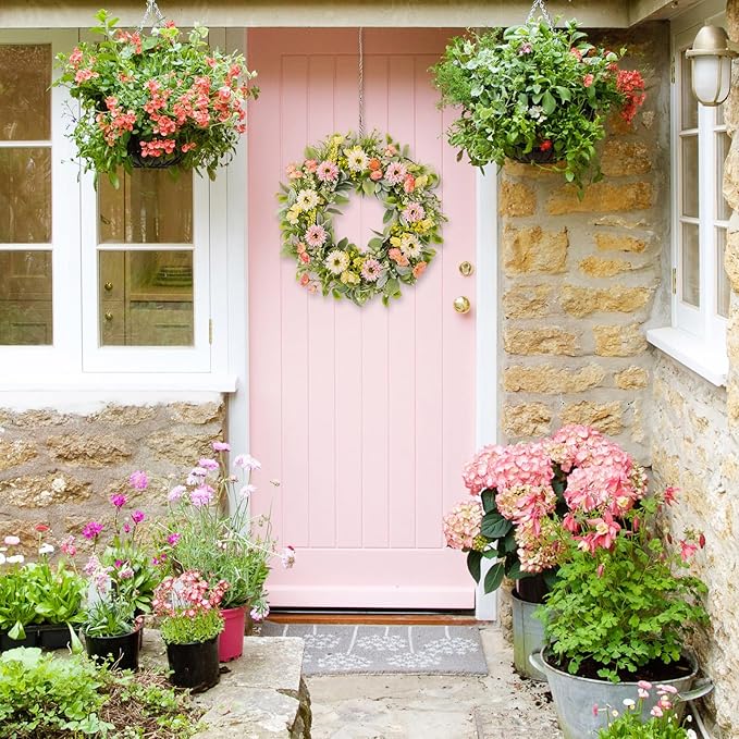 20 Inch Spring Wreaths for Front Door, Artificial Pink Gerbera Daisy & Yellow Rose Floral Wreath with Lamb's Ear Leaves & Greenery, Farmhouse Summer Wreath for Wall Window Porch Home Decor