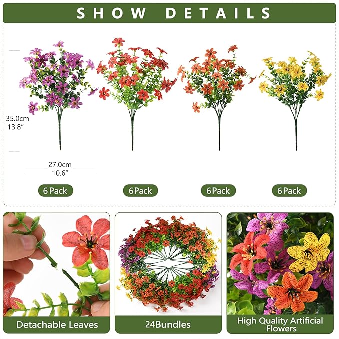 24 Bundles Artificial Flowers for Outdoors Realistic Faux Silk Flower with Eucalyptus Stem, Fake Plants UV Resistant No Fade for Outside Planter Porch Patio Yard Window Garden Spring Summer Decoration