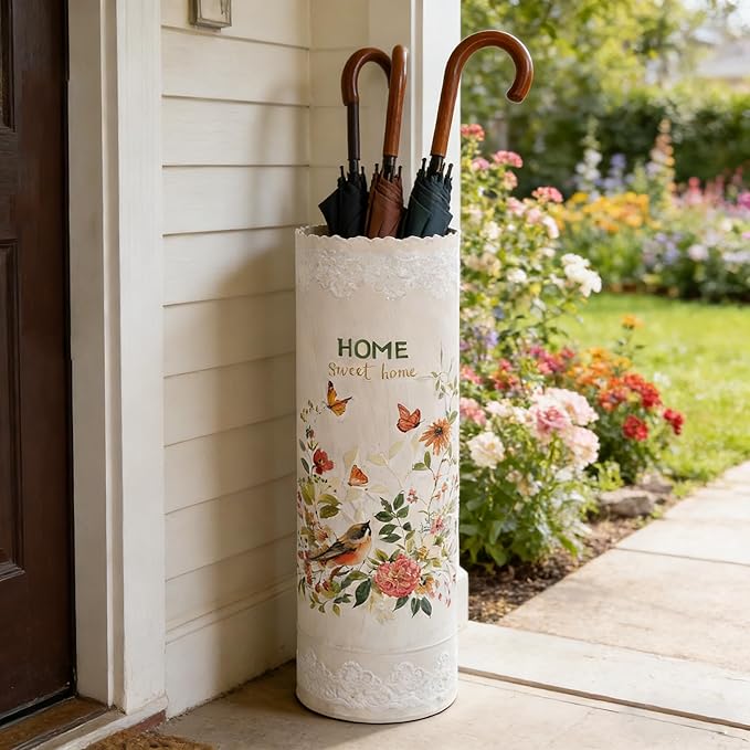 Vintage Metal Umbrella Holder Rustic Round Umbrella Stand Entryway Decorative Organizer Bucket for Home/Office/Farmhouse - Holds Multiple Umbrellas Canes & Walking Sticks (Pink)