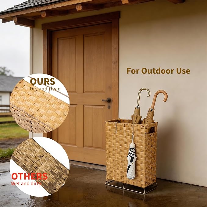 Rattan Umbrella Stand with Built-in Water Reservoir & Hooks, Hand Woven Umbrella Rack Organizer Freestanding - Stable, High-Capacity Organizer for Home and Office - 11.8" L x 5.5" W x 16.5" H