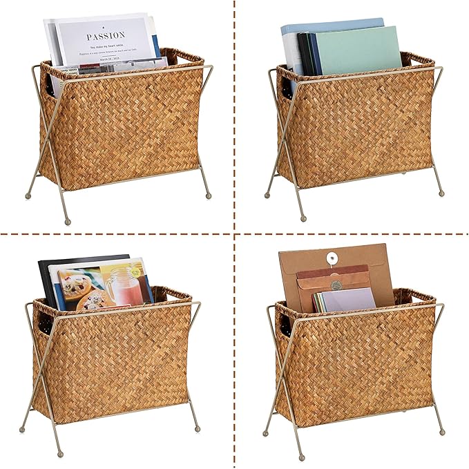 BTSKY Handwoven Magazine Holder, Natural Seagrass Magazine Basket with Metal Rack, Mail Holder Floor Organizer for Office, Living Room, Dorm, Bathroom, Woven Rattan File Basket with Handle(Caramel)